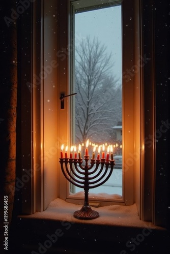 A bright menorah shines in a window, casting flickering shadows on the wall. Outside, snow gently falls, creating a peaceful winter scene photo