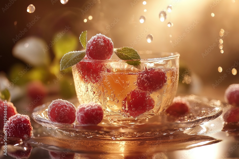 A close-up of a glass cup filled with a sparkling, golden drink with fresh raspberries floating inside. Sunlight and water droplets create a refreshing and dreamy atmosphere, making it an inviting sum A close-up of a glass cup filled with a sparkling, golden drink with fresh raspberries floating inside. Sunlight and water droplets create a refreshing and dreamy atmosphere, making it an inviting sum
