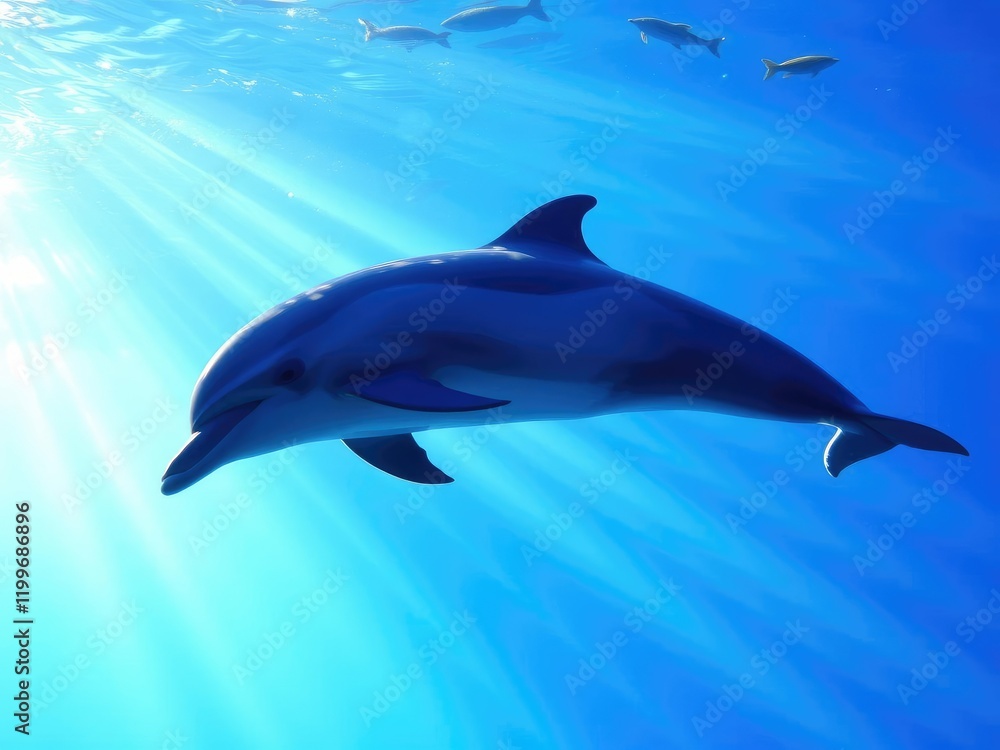 A vibrant ocean blue background with a playful dolphin gracefully swimming through the water, water, peaceful A vibrant ocean blue background with a playful dolphin gracefully swimming through the water, water, peaceful