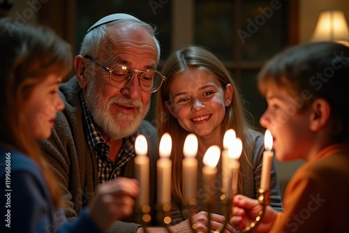 A close-up of an elderly man telling Hanukkah stories to his fascinated grandchildren. His expressive face shines with love, surrounded by the glow of menorah lights photo