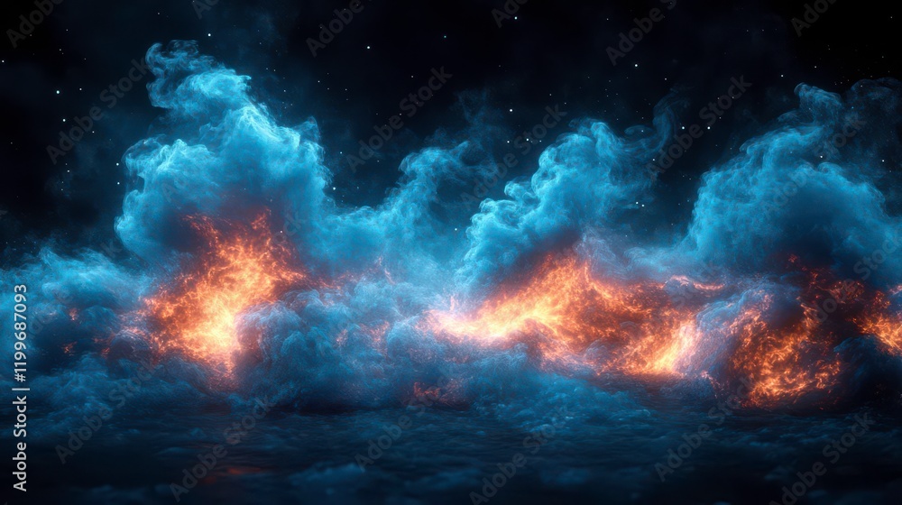 A vibrant cosmic scene featuring glowing blue clouds interspersed with fiery orange bursts, creating a stunning depiction of celestial elements. A vibrant cosmic scene featuring glowing blue clouds interspersed with fiery orange bursts, creating a stunning depiction of celestial elements.