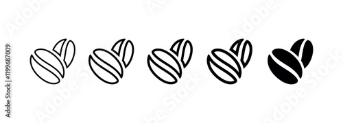 Roasted coffee bean outline and filled icon set. Line coffee grain symbol on white background different thickness of line