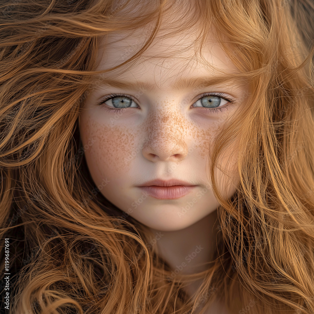 Naklejka premium Beautiful girl with long ginger hair, wearing a white dress, blue eyes, wind in her face, natural lighting