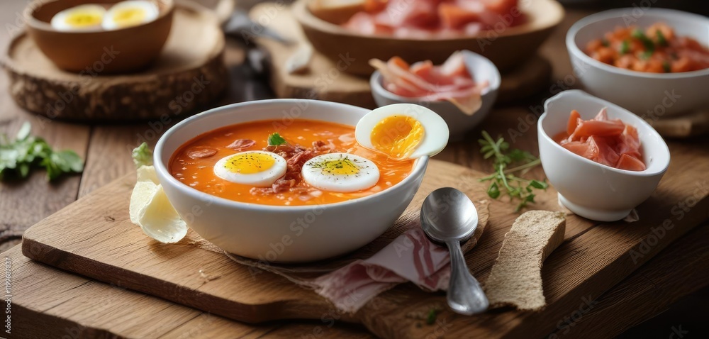A warm, inviting bowl of salmorejo soup sits atop a distressed wood table alongside a perfectly cooked boiled egg and crispy serrano ham , ham, savory A warm, inviting bowl of salmorejo soup sits atop a distressed wood table alongside a perfectly cooked boiled egg and crispy serrano ham , ham, savory