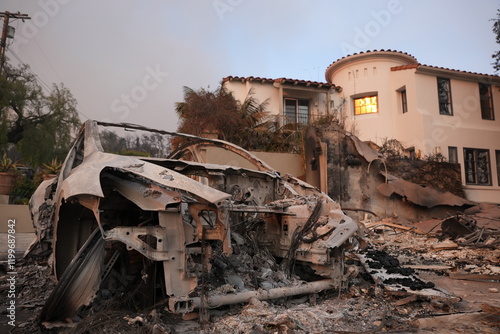 Foto Car sitting in front of a surviving home in the palisades wild fire