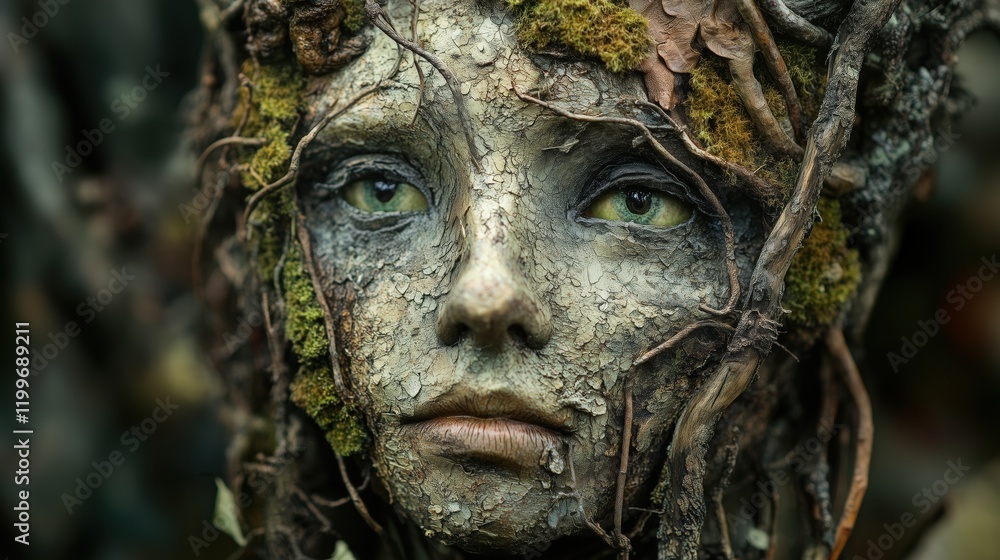 A mystical face emerges from the heart of the forest, its features entwined with moss and delicate vines, blending seamlessly into the natural surroundings. A mystical face emerges from the heart of the forest, its features entwined with moss and delicate vines, blending seamlessly into the natural surroundings.