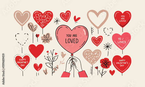 Modern vector-style illustration inspired by Valentine's Day, Valentine's Day card with cute hearts icon symbol, easily editable.