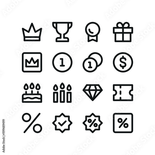 Loyalty program UI icons. Set of bonus, vip crown, trophy cup, gift box, award coin, reward points, birthday, discount percent, sales badge, coupon vector symbol with editable stroke