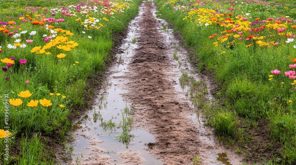 Muddy trails and scenic adventures. A muddy path lined with vibrant wildflowers after rain. Muddy trails and scenic adventures. A muddy path lined with vibrant wildflowers after rain.