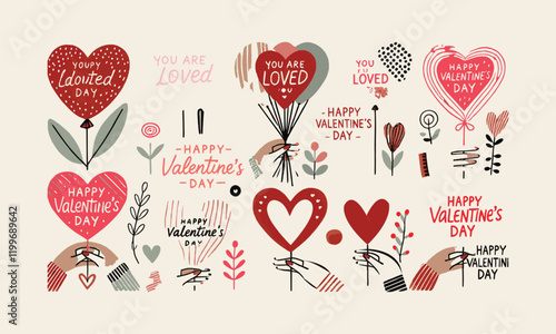 Modern vector-style illustration inspired by Valentine's Day, Valentine's Day card with cute hearts icon symbol, easily editable.