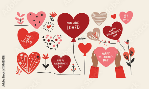 Modern vector-style illustration inspired by Valentine's Day, Valentine's Day card with cute hearts icon symbol, easily editable.