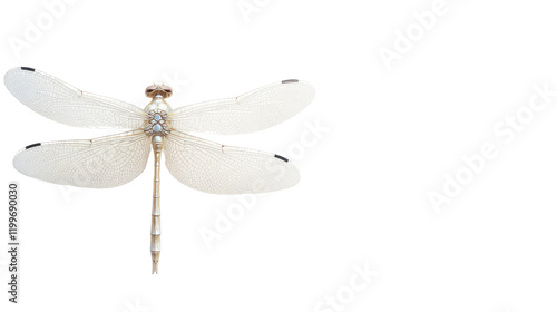 A delicate white dragonfly featuring intricate wing patterns, isolated on a translucent background, perfect for nature-themed designs. photo