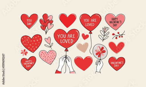 Modern vector-style illustration inspired by Valentine's Day, Valentine's Day card with cute hearts icon symbol, easily editable.