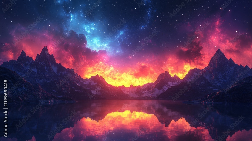 Fiery sunset reflected in a still lake between majestic snow-capped mountains under a vibrant, starry sky. Fiery sunset reflected in a still lake between majestic snow-capped mountains under a vibrant, starry sky.