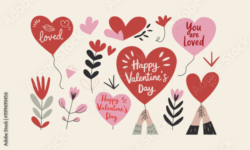 Modern vector-style illustration inspired by Valentine's Day, Valentine's Day card with cute hearts icon symbol, easily editable.