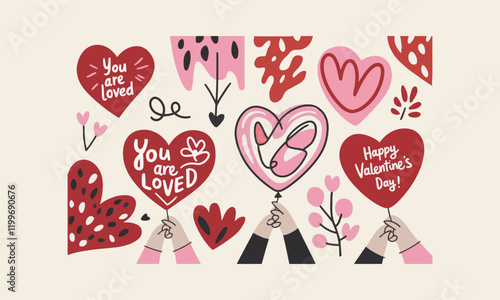 Modern vector-style illustration inspired by Valentine's Day, Valentine's Day card with cute hearts icon symbol, easily editable.