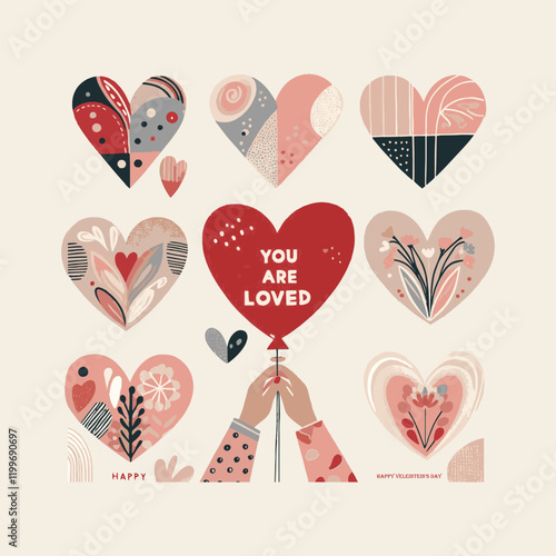 Modern vector-style illustration inspired by Valentine's Day, Valentine's Day card with cute hearts icon symbol, easily editable.
