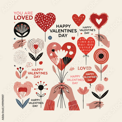 Modern vector-style illustration inspired by Valentine's Day, Valentine's Day card with cute hearts icon symbol, easily editable.
