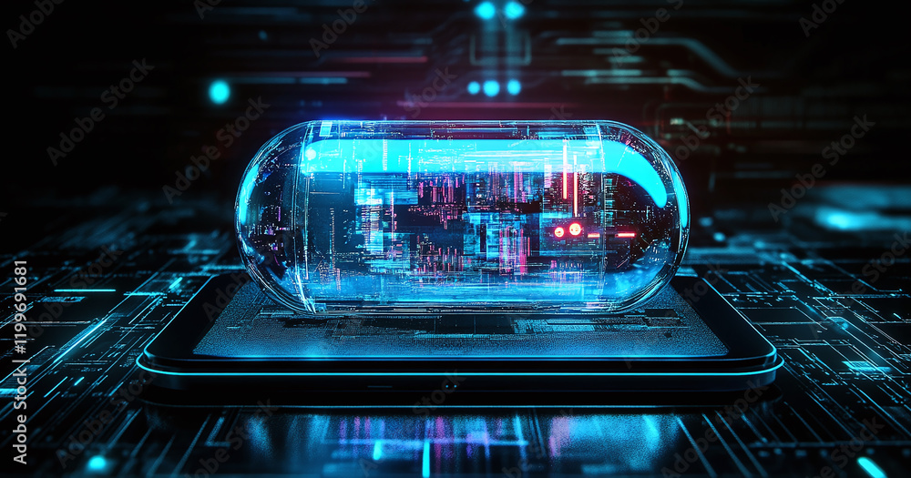 Obraz premium A futuristic digital pill with glowing blue components, symbolizing advanced medicine and technology. Perfect for healthcare, innovation, or futuristic design themes.