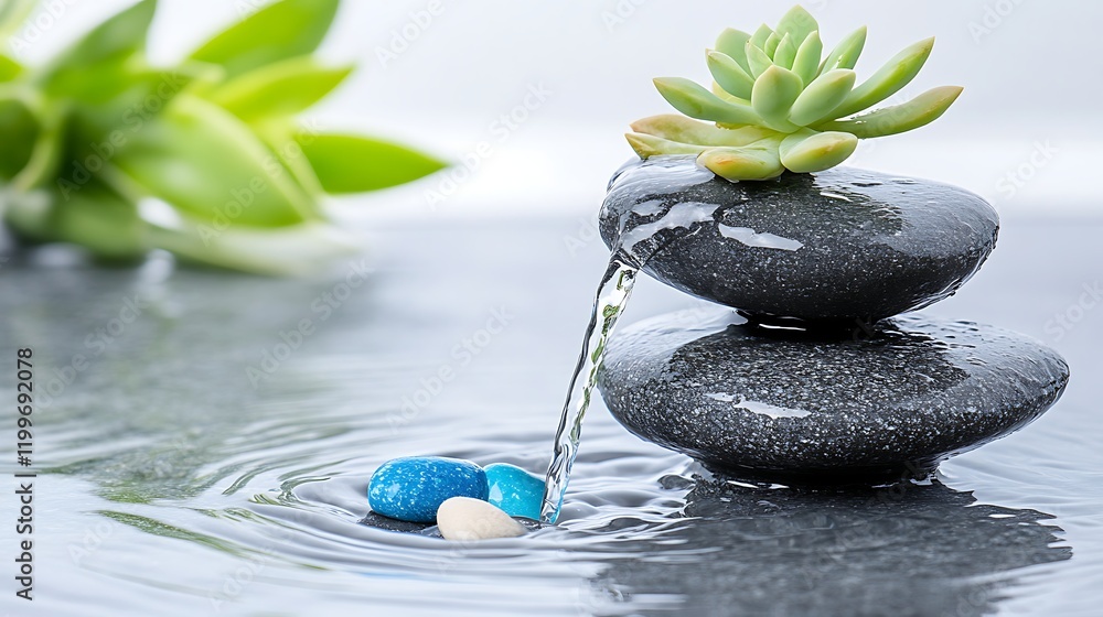 Naklejka premium Zen Garden Water Flowing over Stacked Stones with Succulent