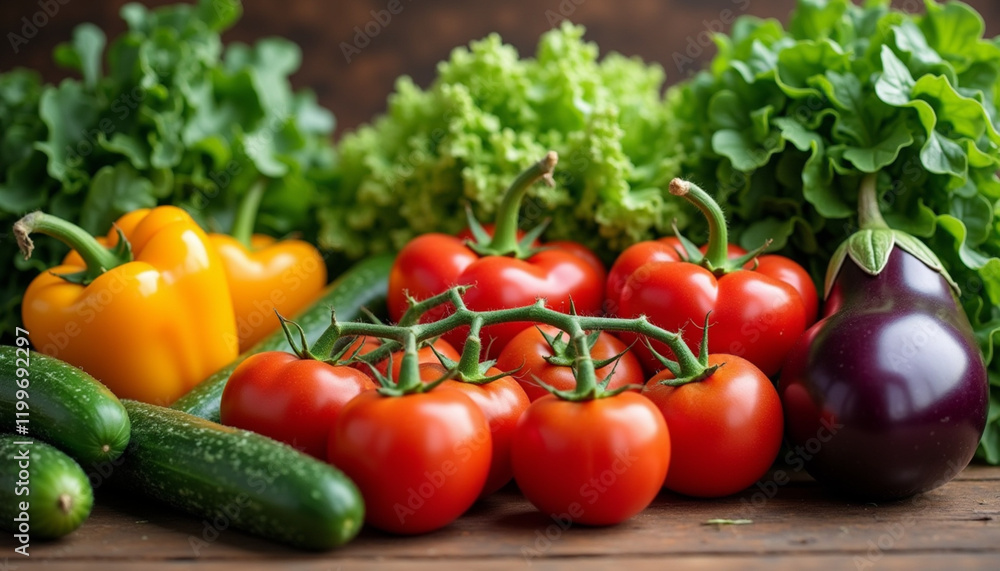 Fresh vegetables including tomatoes, cucumbers, bell peppers, and lettuce on a wooden table Fresh vegetables including tomatoes, cucumbers, bell peppers, and lettuce on a wooden table
