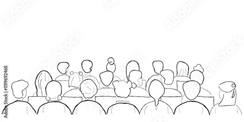 hand drawn line art vector of a crowd. a group of students sitting in auditorium