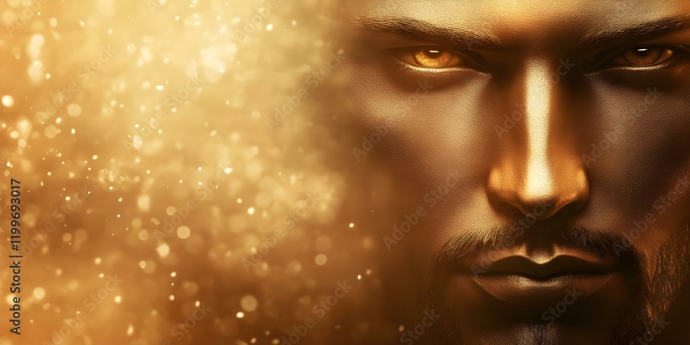 A close-up of a male face with golden tones and a blurred, shimmering background, creating an artistic and captivating effect. Concept Close-Up Portrait, Golden Tones, Shimmering Background A close-up of a male face with golden tones and a blurred, shimmering background, creating an artistic and captivating effect. Concept Close-Up Portrait, Golden Tones, Shimmering Background