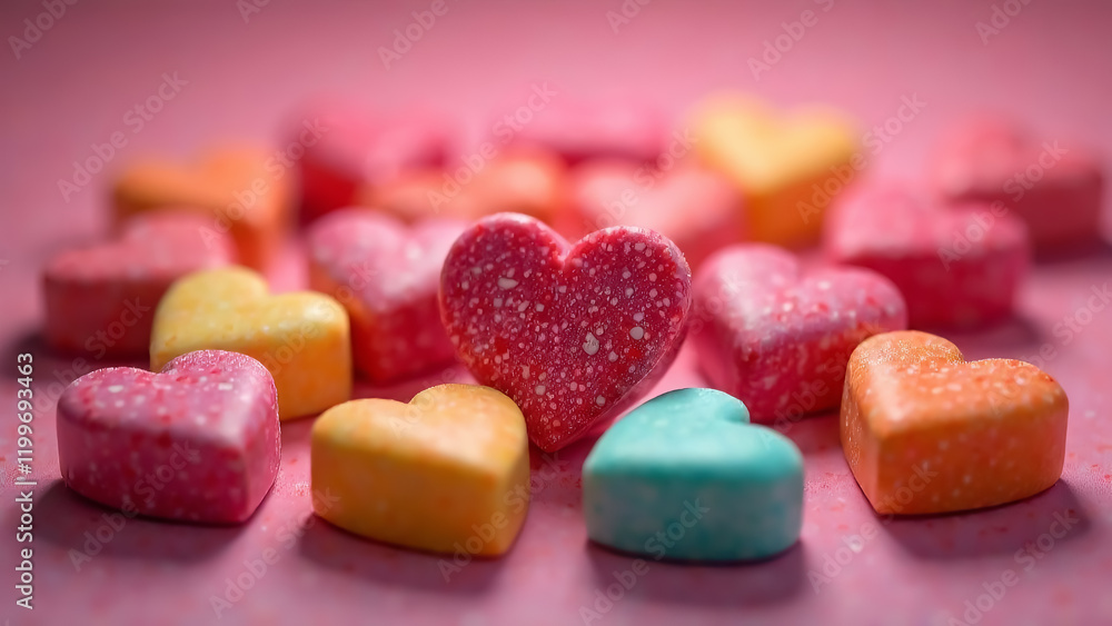 Colorful little caramels sprinkled in the shape of a heart close-up Colorful little caramels sprinkled in the shape of a heart close-up