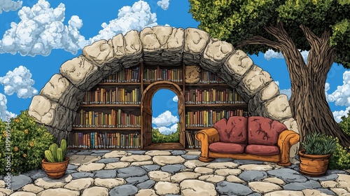 Cozy Outdoor Reading Nook with Stone Arch and Lush Greenery