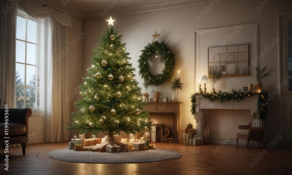 A lush green Christmas tree surrounded by shimmering ornaments and soft glow from light sources, green, evergreen tree, ornaments A lush green Christmas tree surrounded by shimmering ornaments and soft glow from light sources, green, evergreen tree, ornaments