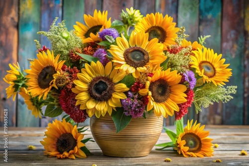 A lush floral display featuring an abundance of sunflowers in varying sizes and hues, placed in a decorative vase, pink, decoration photo