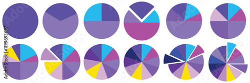 Set of Pie chart color wheel of business report infographic. Colorful Circle section graph and segment. 2,3,4,5,6,7,8,9,10,11,12 slice steps process cycle. Progress sector round diagram part symbol.