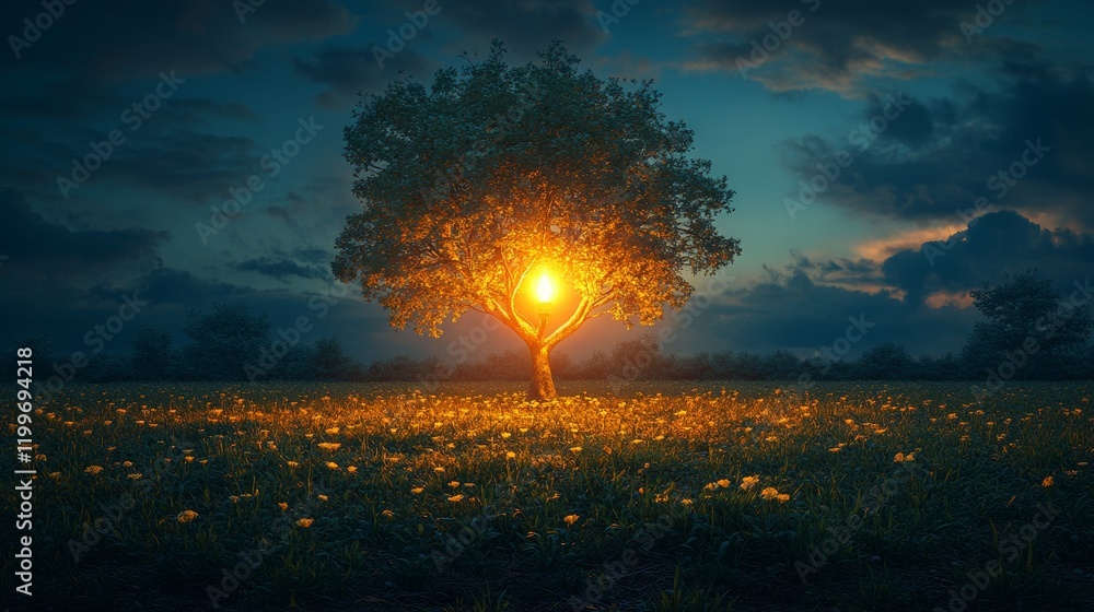 Fototapeta premium Glowing tree in a field at sunset.