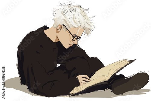 Young caucasian male with light hair reading a book on the floor