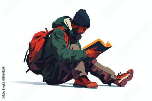 Man with a beard and an orange backpack is reading a book on the floor