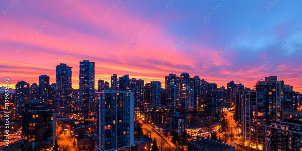 Fototapeta premium A vibrant city skyline at sunset, featuring tall buildings illuminated against a colorful sky with hues of pink, purple, and blue. Concept City Skyline at Sunset, Vibrant Colors