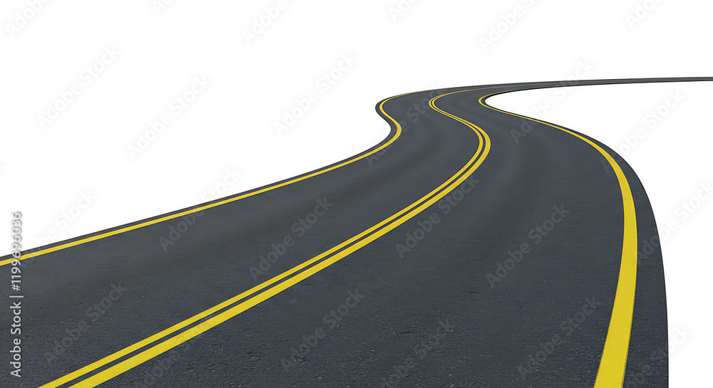 Curved double-lane road with yellow lines isolated on transparent background with clipping path cut-out. Curved double-lane road with yellow lines isolated on transparent background with clipping path cut-out.