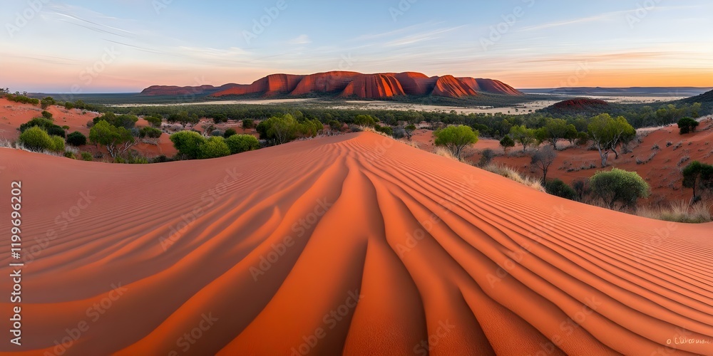 Fototapeta premium A vast desert landscape featuring red sand dunes and distant rocky formations under a colorful sky at sunrise. Concept Desert Sunrise, Red Sand Dunes, Rocky Formations, Colorful Sky, Vast Landscapes