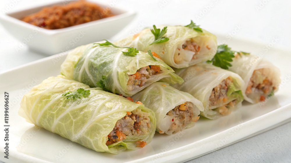 Lettuce wrapped with minced pork and sauce Lettuce wrapped with minced pork and sauce