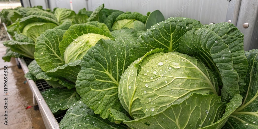 Obraz premium A bunch of fresh green cabbages with water droplets clinging to their leaves in a humid environment, water droplets, green produce