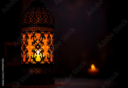 Ornate Moroccan lantern, intricate metalwork, warm glowing light, plate of dates, bokeh background, golden ambient lighting, Ramadan atmosphere, cozy evening scene, rich colors, close-up photography, photo