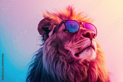 A regal lion sporting regal shades, ideal for editorial use.blank templated, rule of thirds, space for text, isolated white background neon light, extreme right, rule of third photo