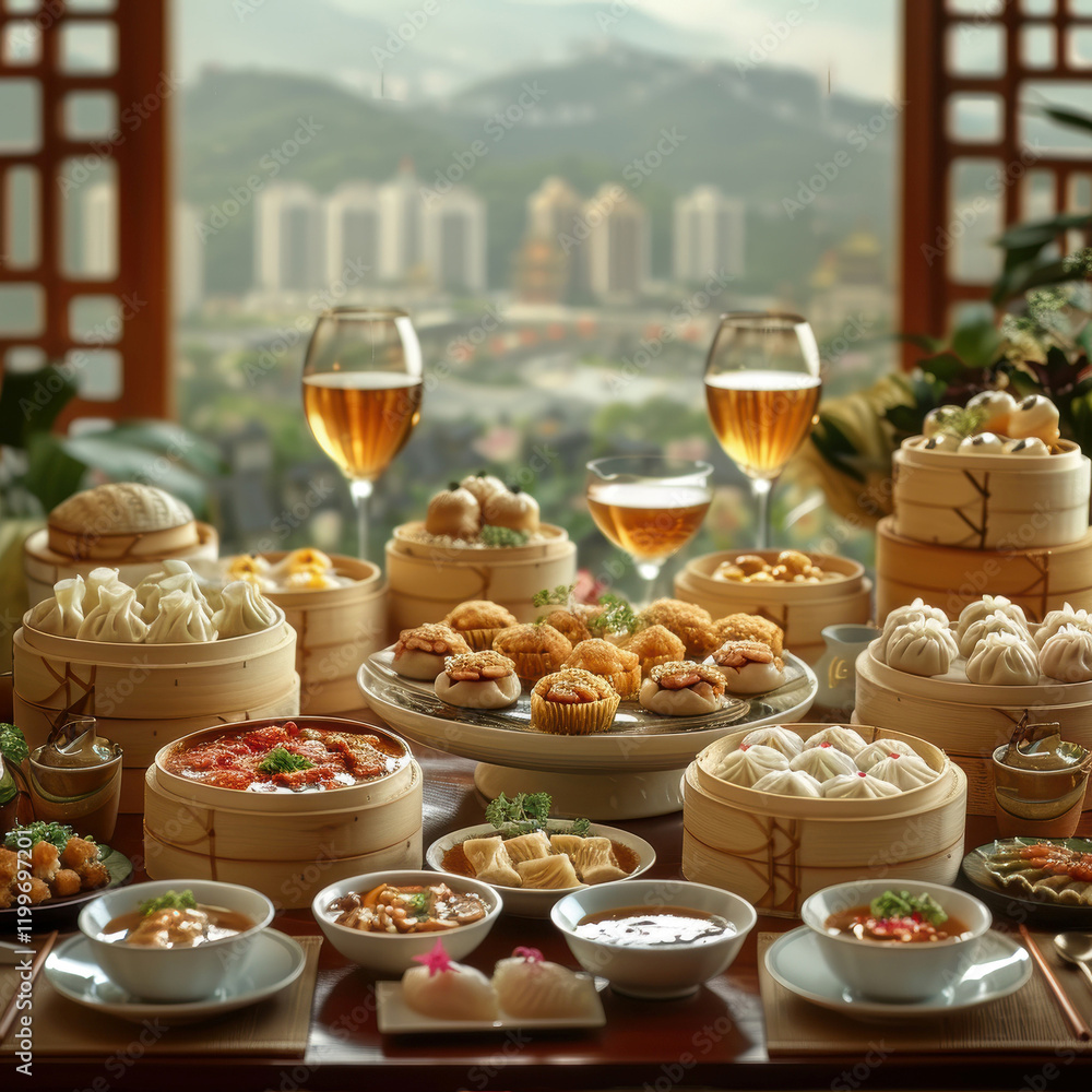 Fototapeta premium A luxurious Asian meal setting with dishes like steamed buns, dumplings, small appetizers, soupbroth, and wine glasses filled with white wine The scene features a cityscape view - AI-Generated
