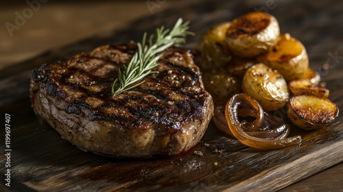 A succulent grilled steak with caramelized onions and roasted potatoes, Steak placed off-center, Warm tungsten light creating a cozy atmosphere photo