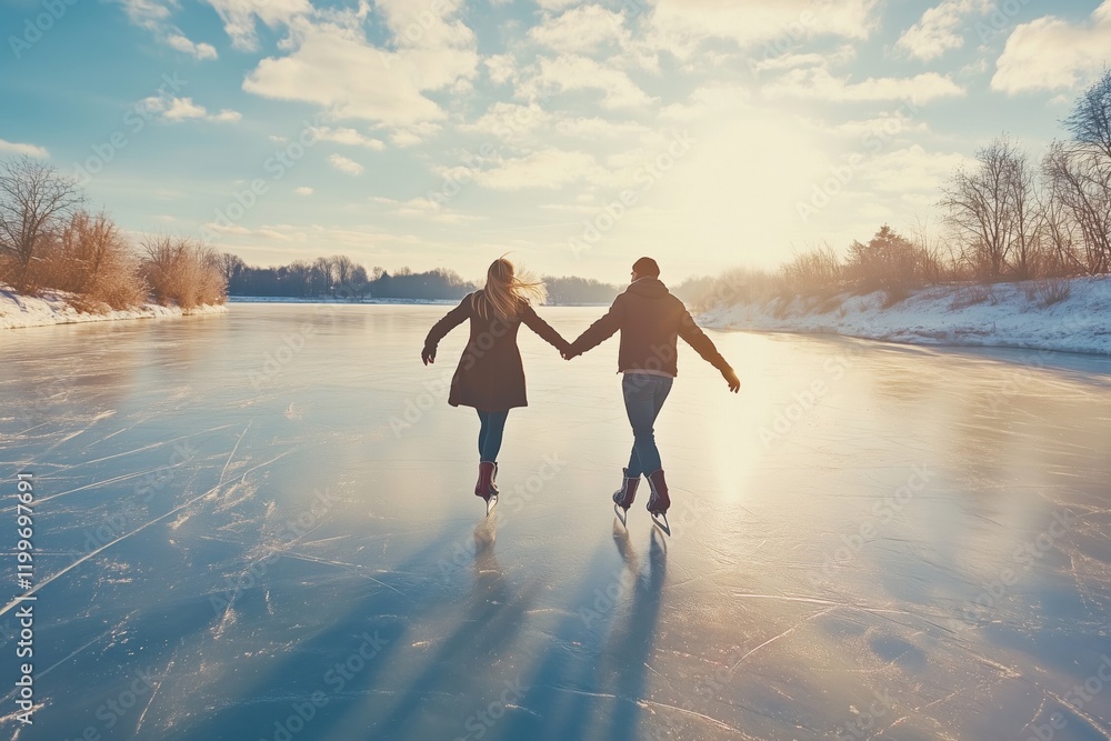 Fototapeta premium A couple ice skating hand in hand on a frozen lake during sunset.