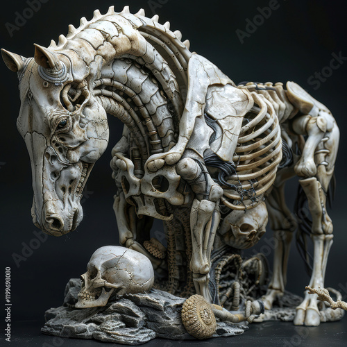 A detailed sculpture of a skeletal horse, standing on one leg suggestively broken The scene is surrounded by various anatomical parts like skulls and vertebrae on rocky terrain T - AI-Generated photo