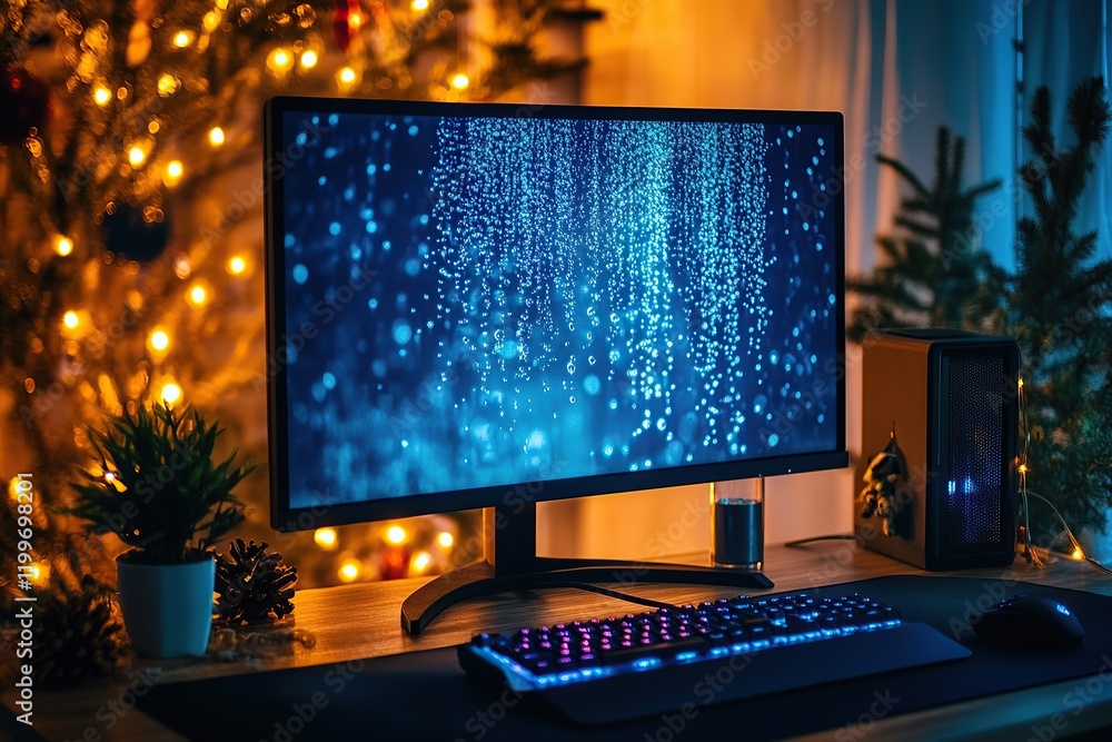 A black computer monitor with a blue light on the screen is placed in front of an office desk at night A black computer monitor with a blue light on the screen is placed in front of an office desk at night