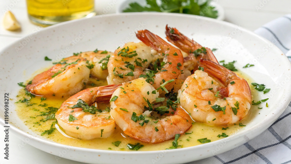 Stir-fried Shrimp with Garlic on white dish Stir-fried Shrimp with Garlic on white dish