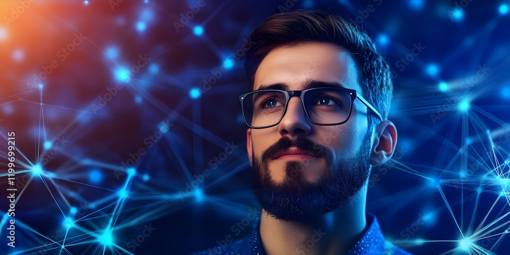 A young man with glasses and a beard gazes thoughtfully against a vibrant, abstract background featuring blue lights and patterns. Concept Young Man with Glasses, Thoughtful Expression A young man with glasses and a beard gazes thoughtfully against a vibrant, abstract background featuring blue lights and patterns. Concept Young Man with Glasses, Thoughtful Expression