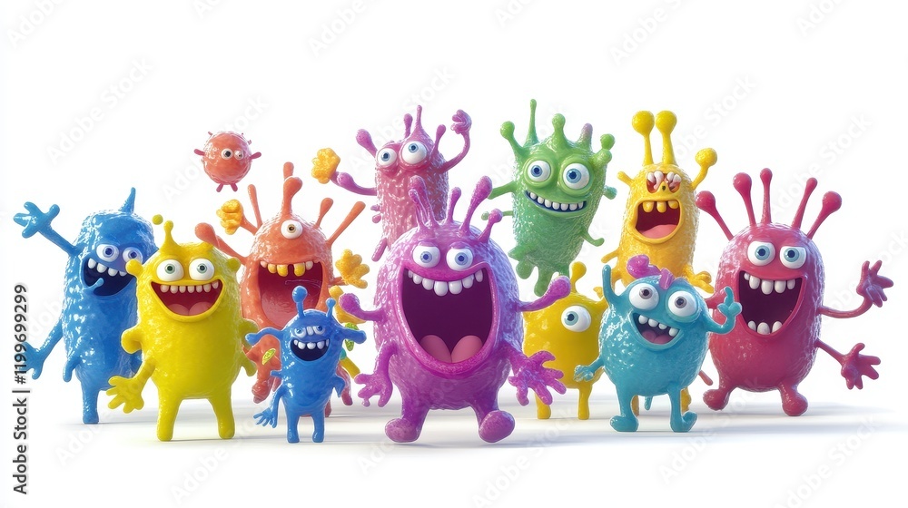 Fototapeta premium A whimsical depiction of a bacteria party, animated characters, joyful expressions, isolated on white background